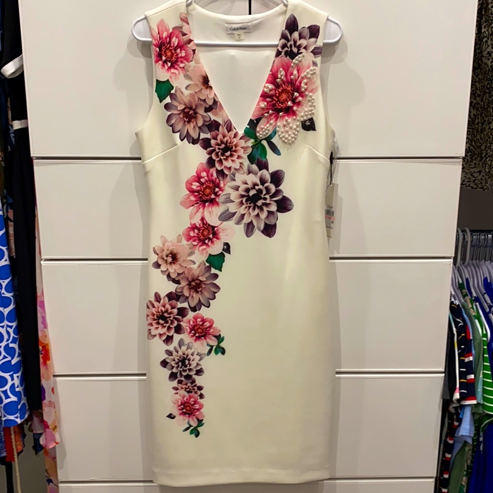 Womens dress. Ivory with floral and pearls(see pic